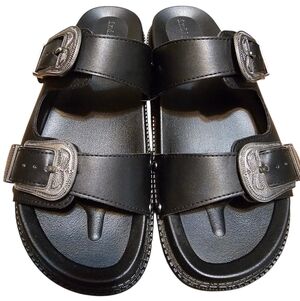 Indigo Rd. Black Double-Buckle Slide Sandals, Sz 6